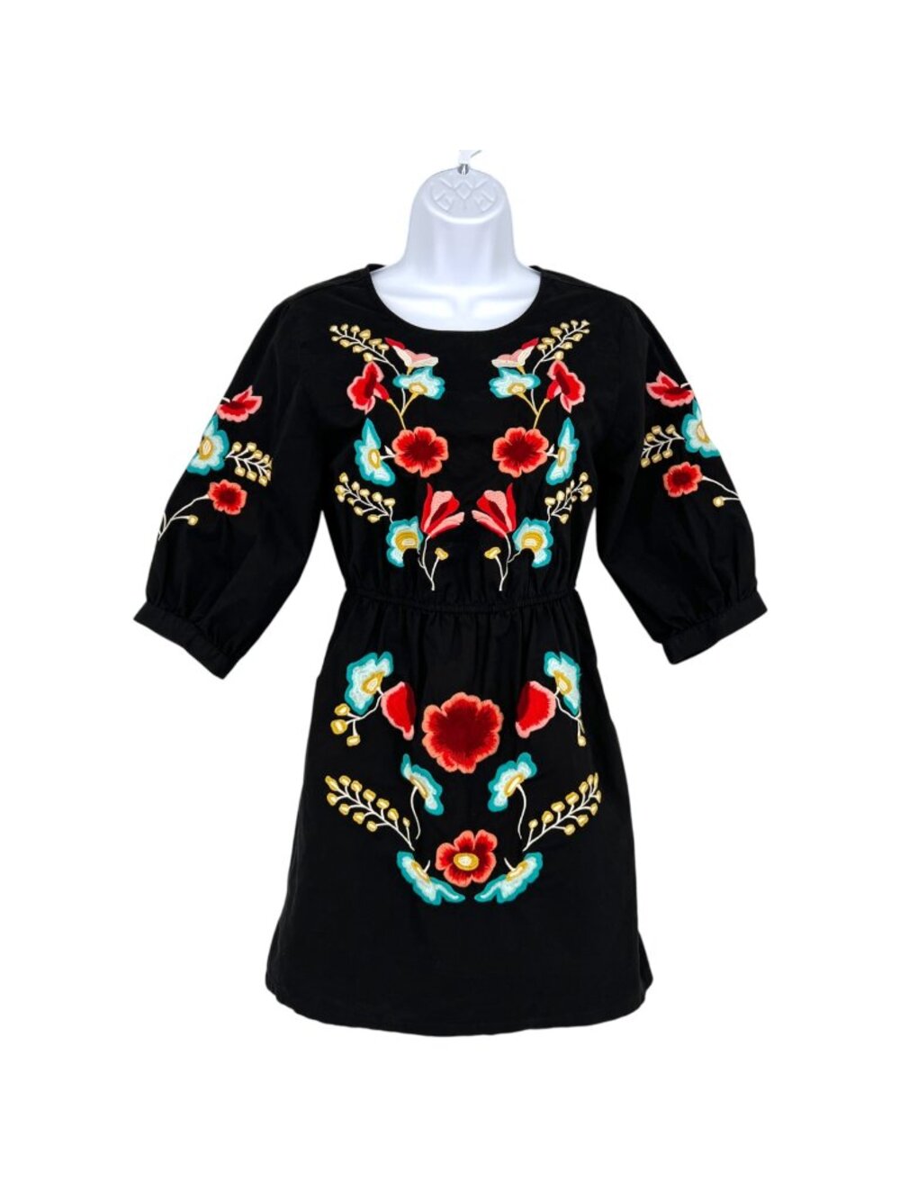 Topshop Embroidered Floral Puff Sleeve Black Mini Dress Size 4 US 8 UK